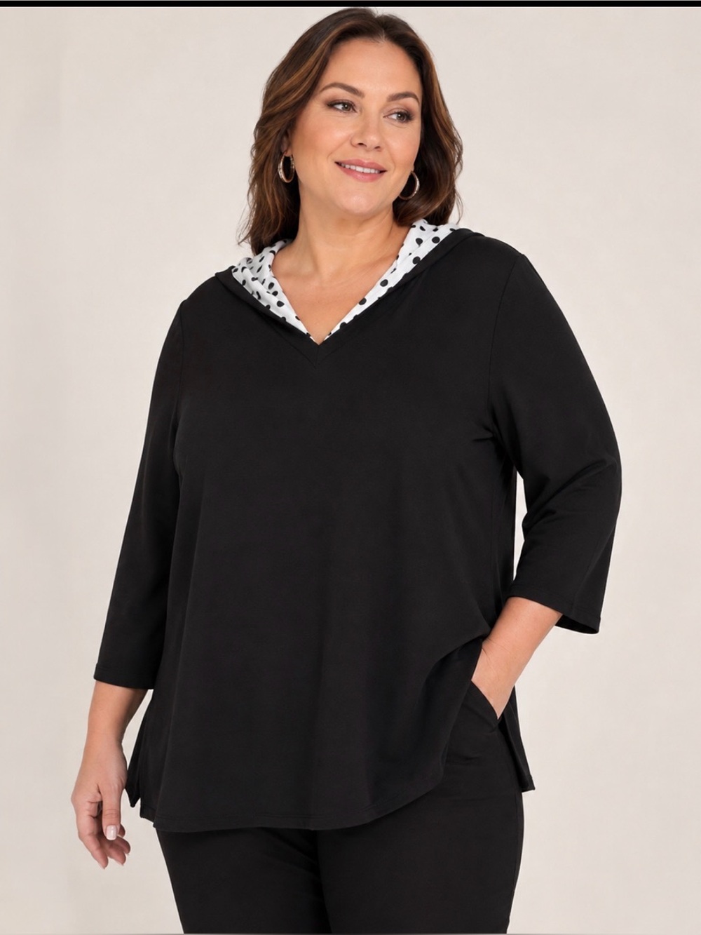 Adrianna Papell Black Polka Dot Hooded Layered Top Size 1X - Picture 1 of 6